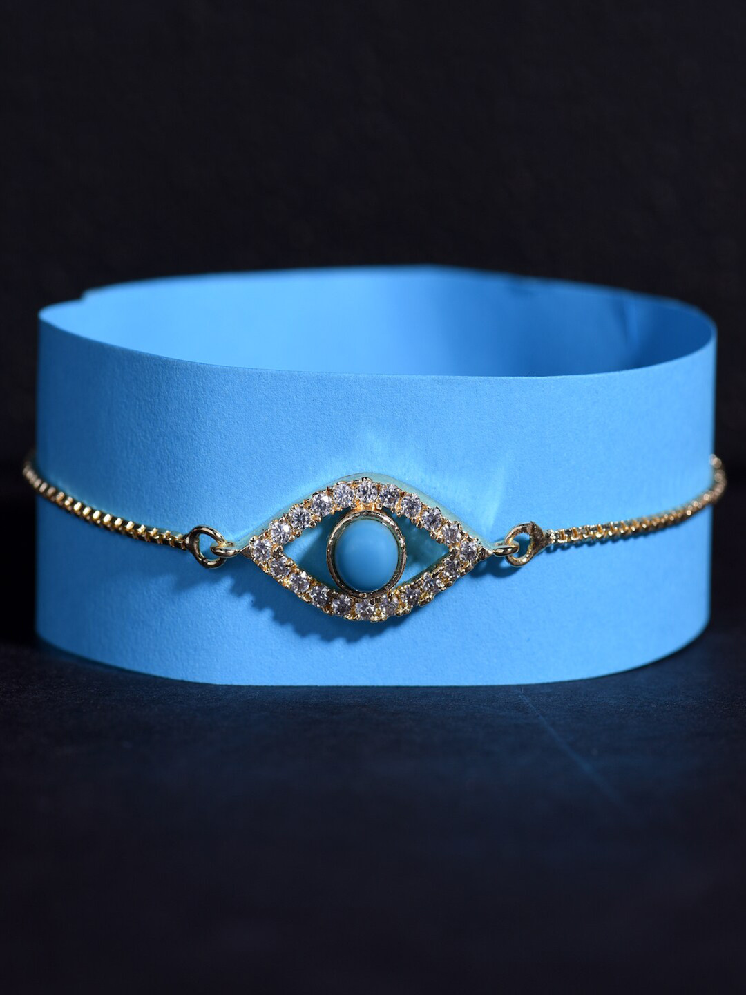 HOT AND BOLD Women Gold-Plated & Turquoise Blue Brass Evil Eye Charm Bracelet