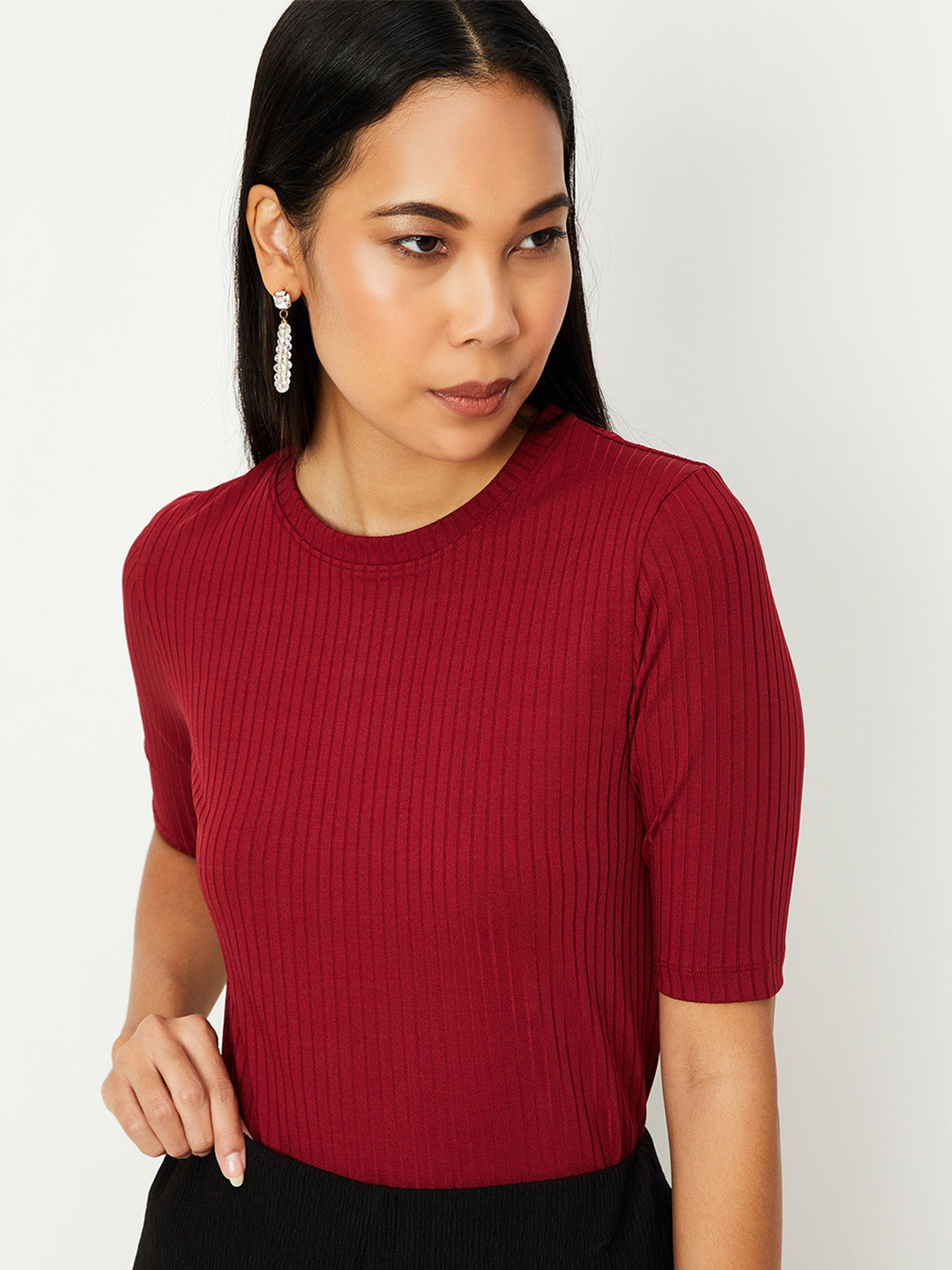 max Red Self Designed Striped Fitted Top