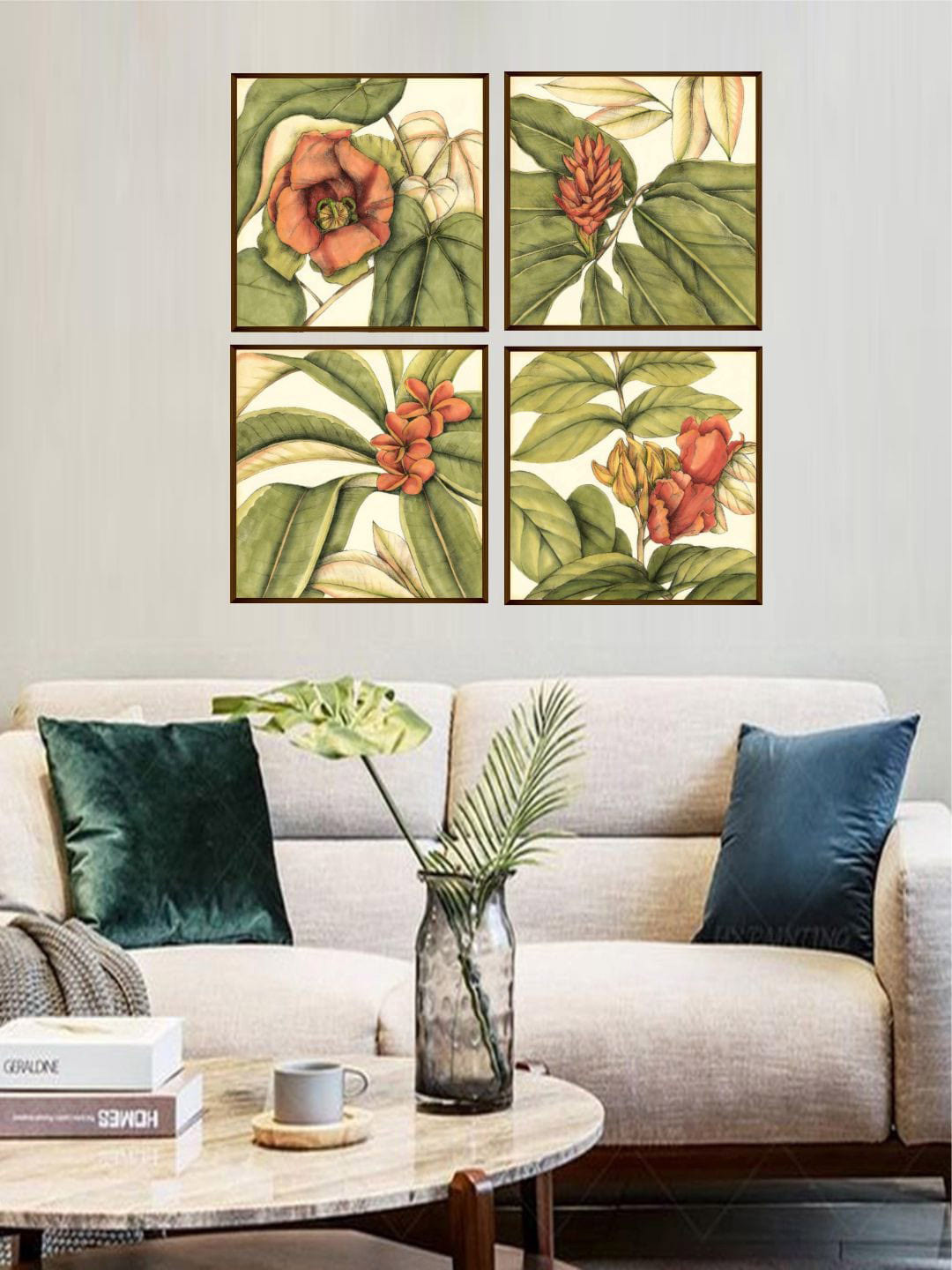 The Art House Set of 4 White & Red Flower & Leaves Printed Canvas Wall Art