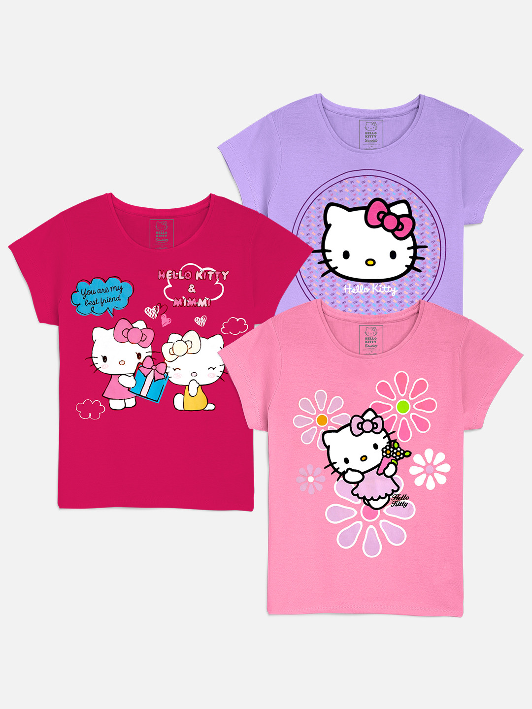 Kids Ville Girls Pink & Violet Pack of 3 Hello Kitty Printed Pure Cotton T-shirt