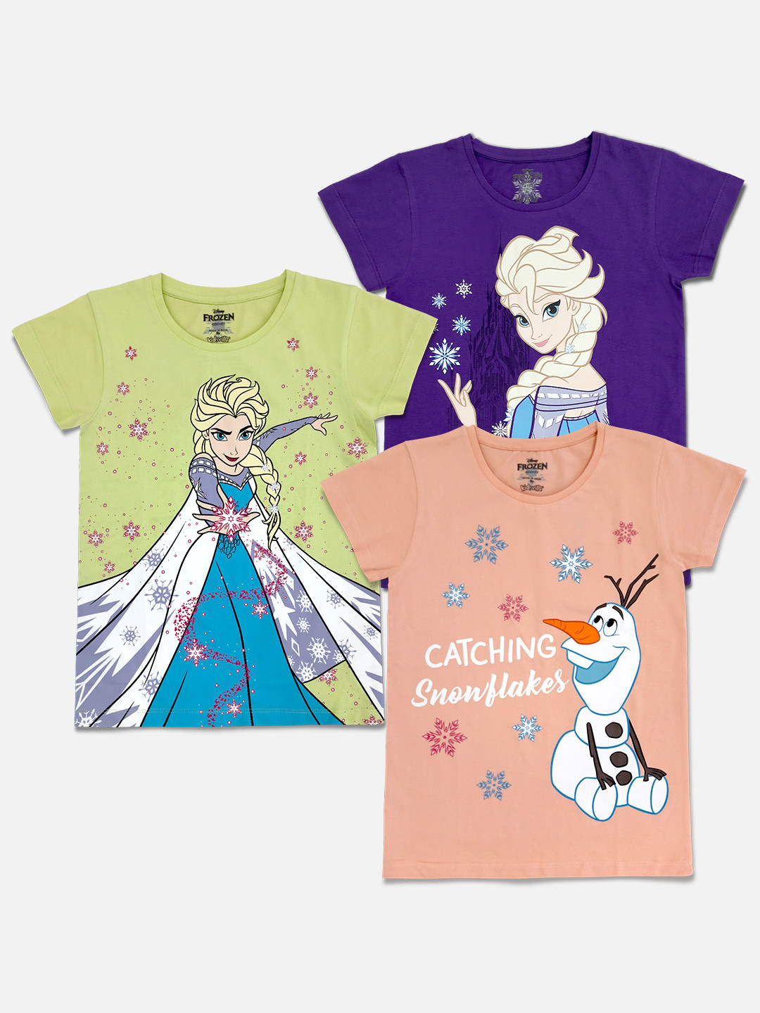 Kids Ville Girls Purple & Green Typography Pack of 3 Frozen Printed Pure Cotton T-shirt