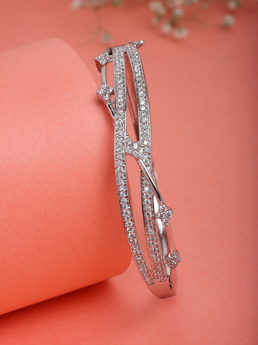 PANASH Women Solitaire Cubic Zirconia Rhodium-Plated Bangle-Style Bracelet