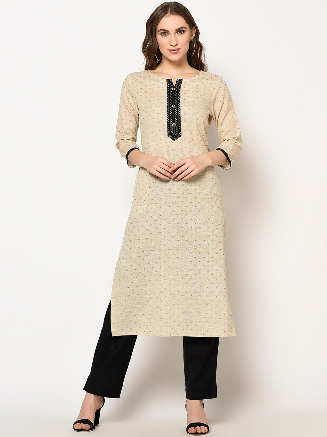 ZNX Clothing Women Beige & Black Printed Pure Cotton Kurta with Trousers
