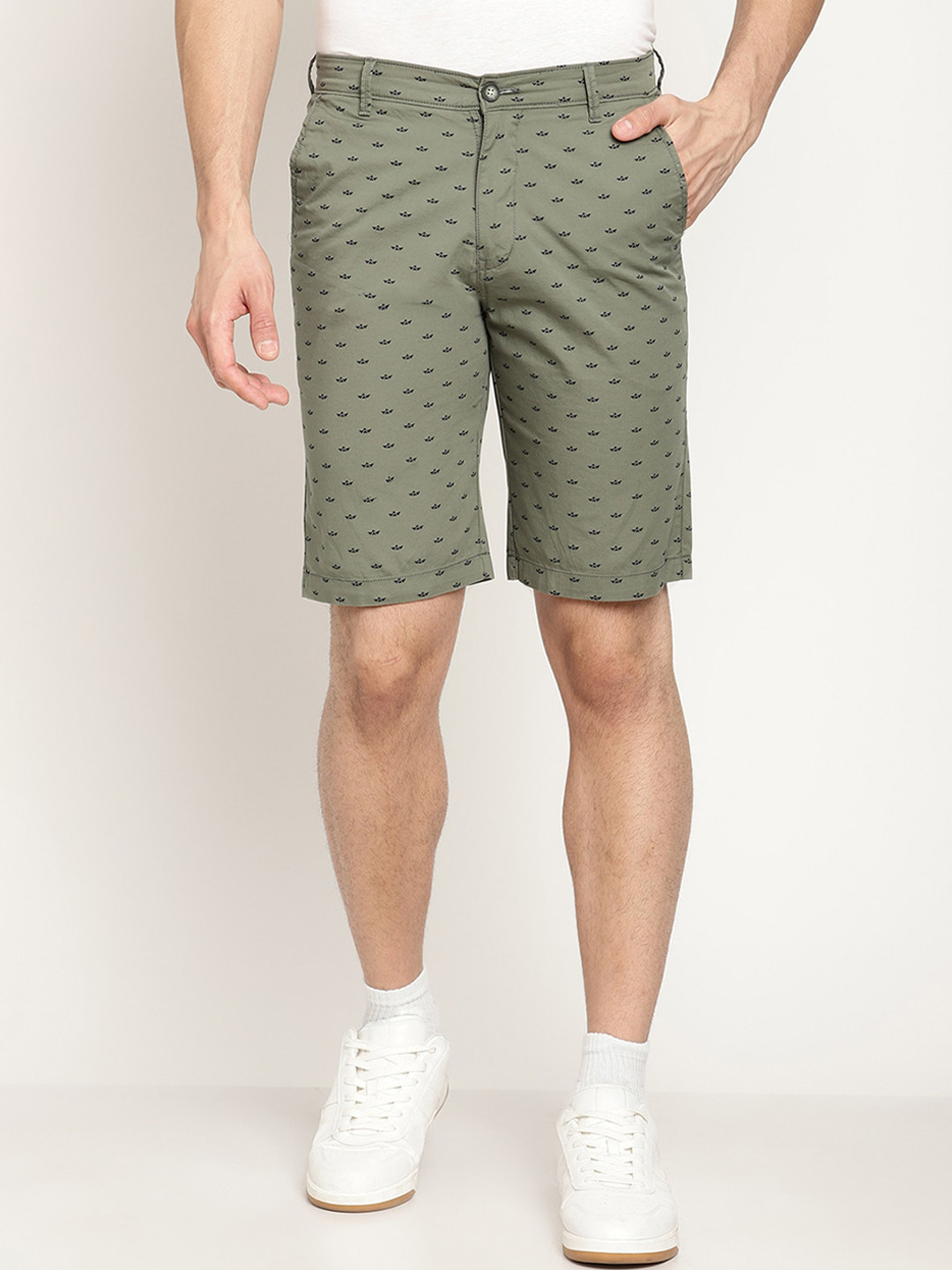 Cantabil Men Olive Green Printed Mid Rise Shorts