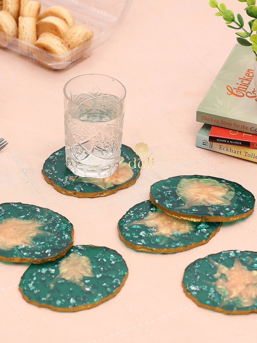 DULI Set of 6 Green Self Design Resin Coasters