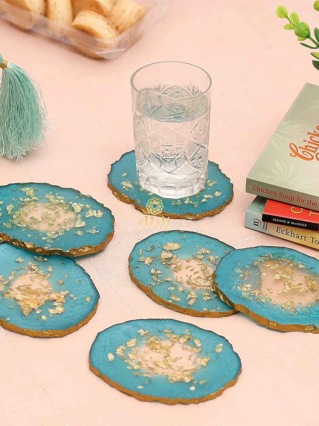 DULI Set of 6 Blue Self Design Oval Resin Coasters