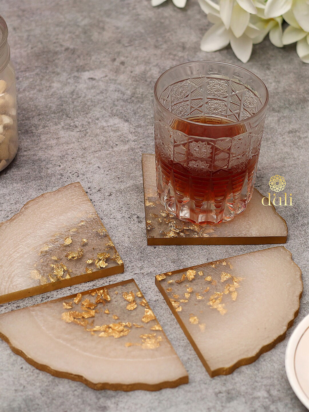 DULI Set of 4 Cream Colored & Gold Colored Printed Triangular Resin Coasters