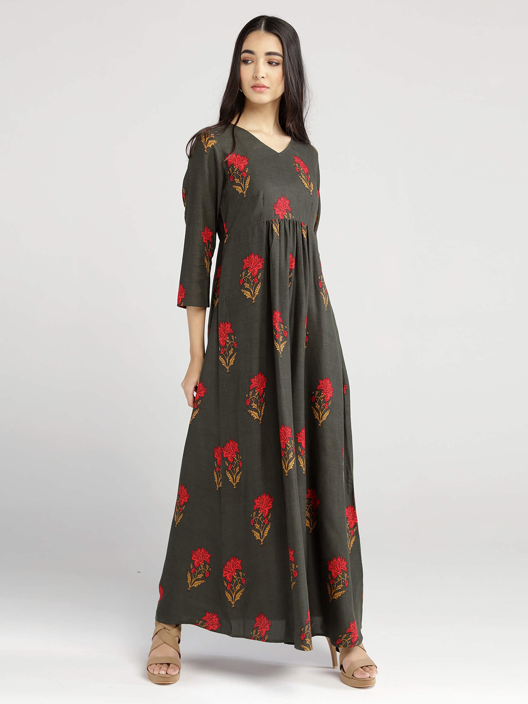 IDK Olive Green Floral Printed Maxi Dress