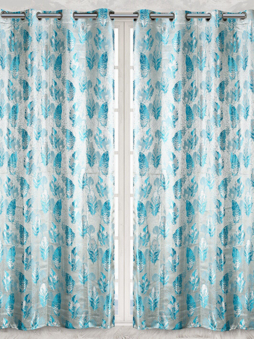 Fresh From Loom Turquoise Blue & Grey Set of 2 Printed Room Darkening Long Door Curtain
