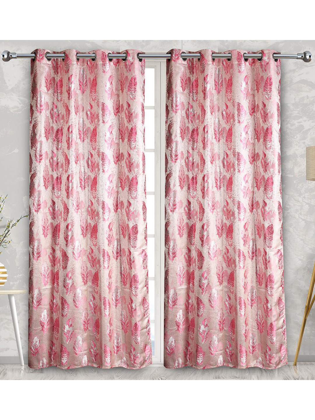 Fresh From Loom Pink & White Set of 2 Room Darkening Window Curtain