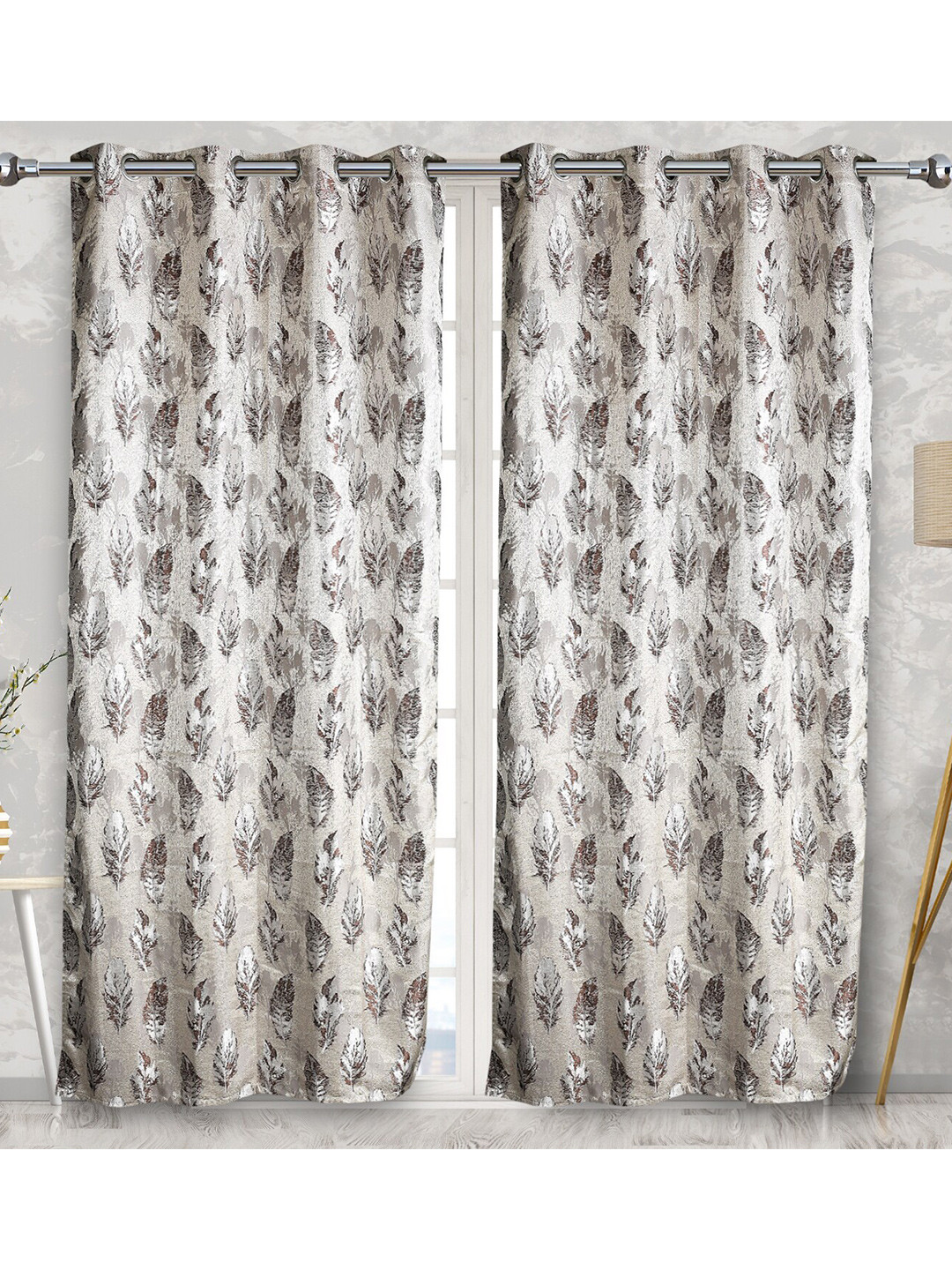 Fresh From Loom Coffee Brown & White Set of 2 Printed Room Darkening Door Curtain
