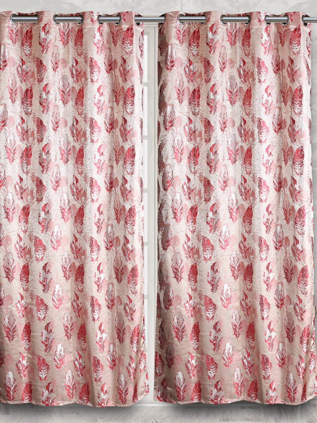 Fresh From Loom Maroon & Grey Set of 2 Floral Room Darkening Long Door Curtains