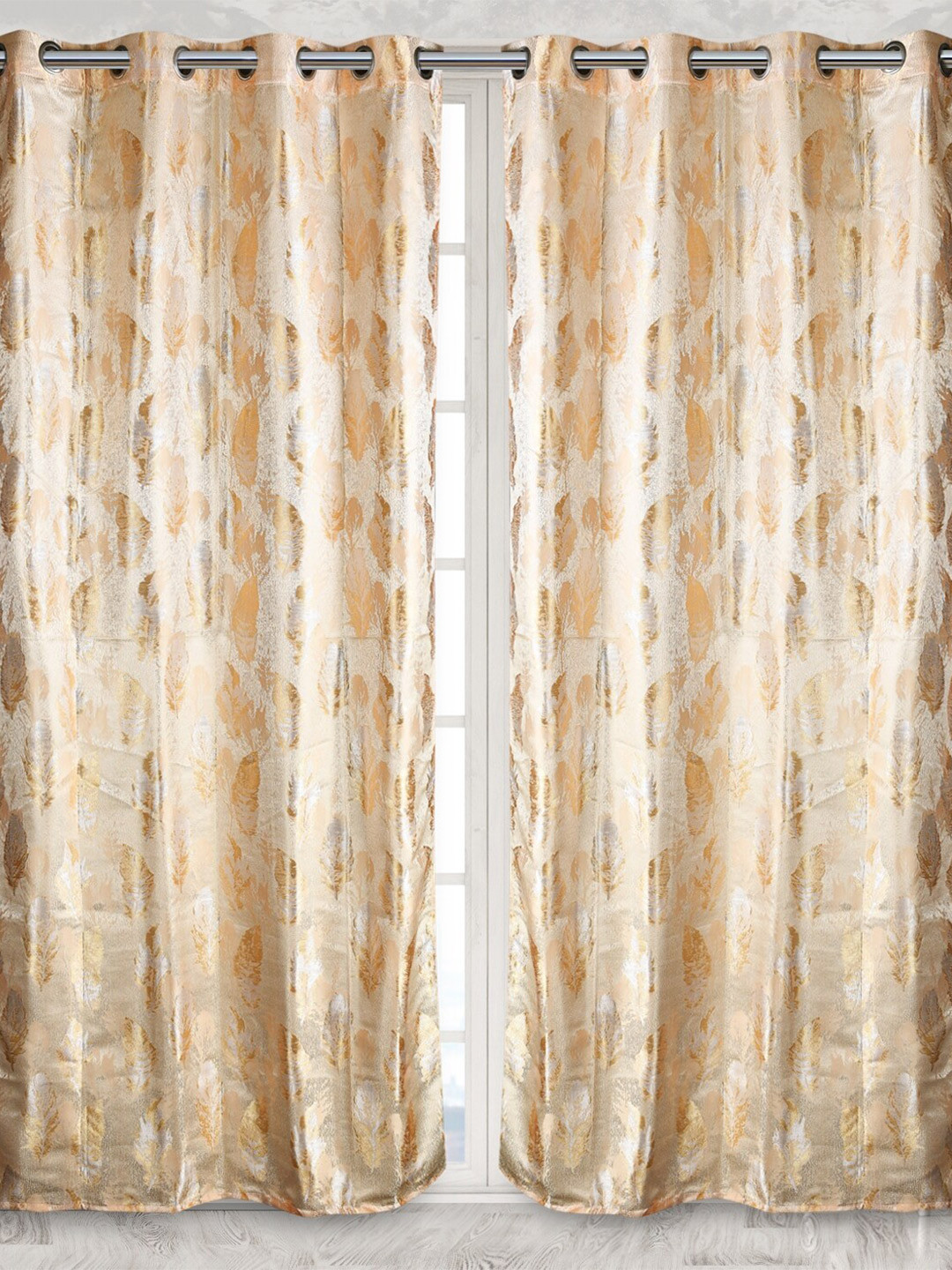 Fresh From Loom Gold-Toned & White Set of 2 Room Darkening Window Curtain