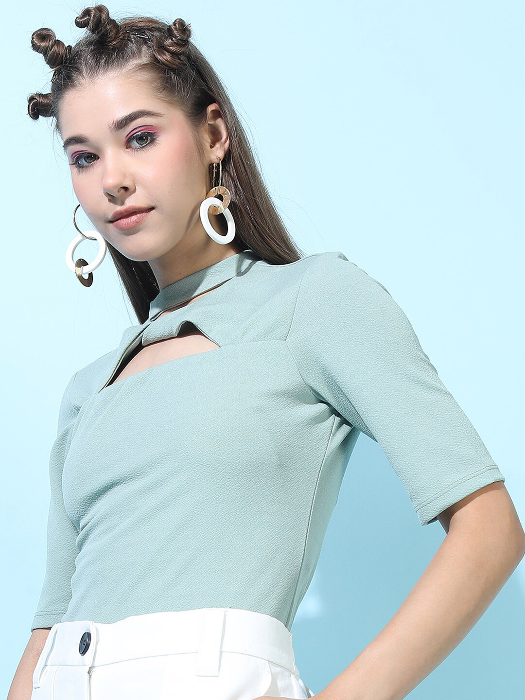 Tokyo Talkies Green Solid Cutout Crepe Top