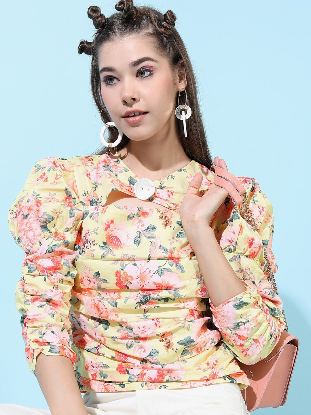 Tokyo Talkies Yellow Floral Print Ruched Cut Out Top