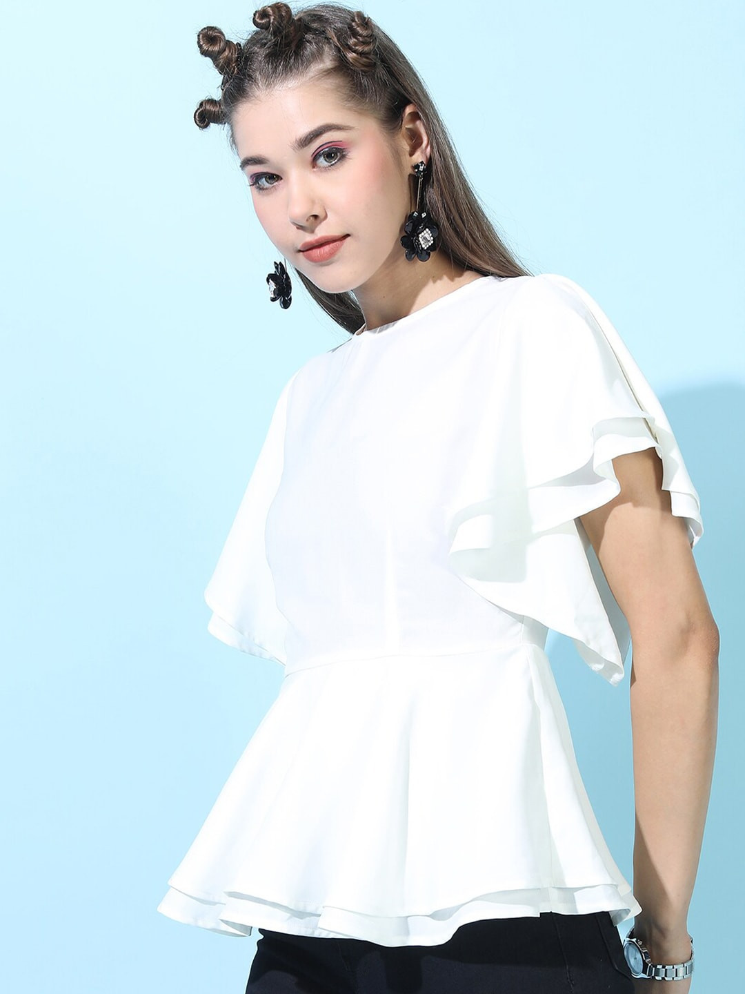Tokyo Talkies White Crepe Peplum Top