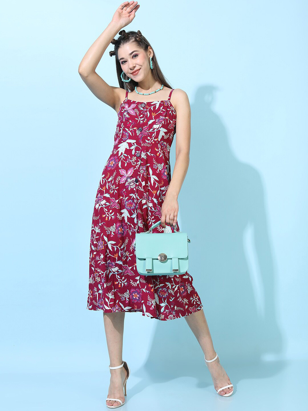 Tokyo Talkies Red Floral Printed A-Line Midi Dress