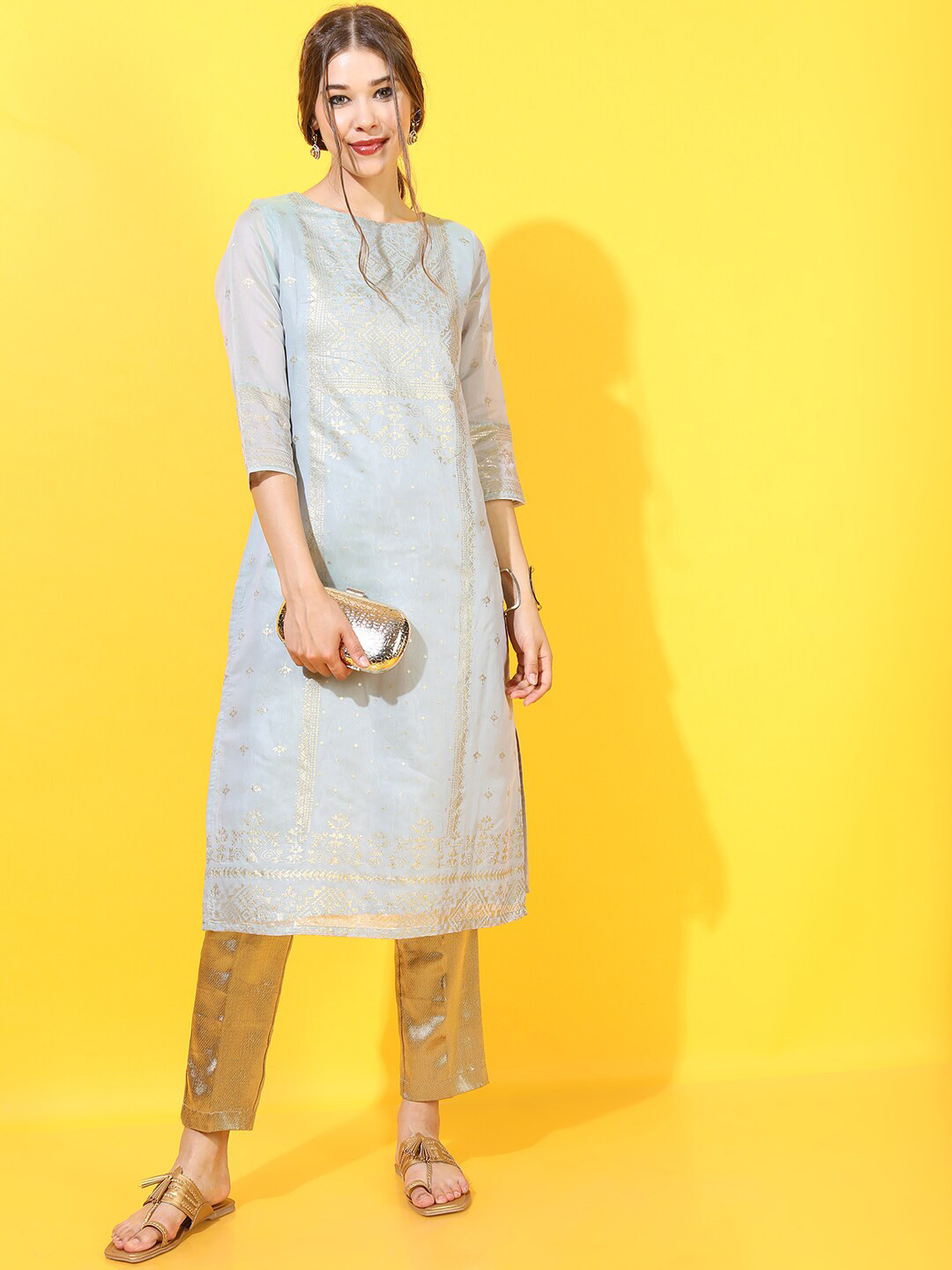 Vishudh Women Blue & Golden Ethnic Motifs Printed Kurta