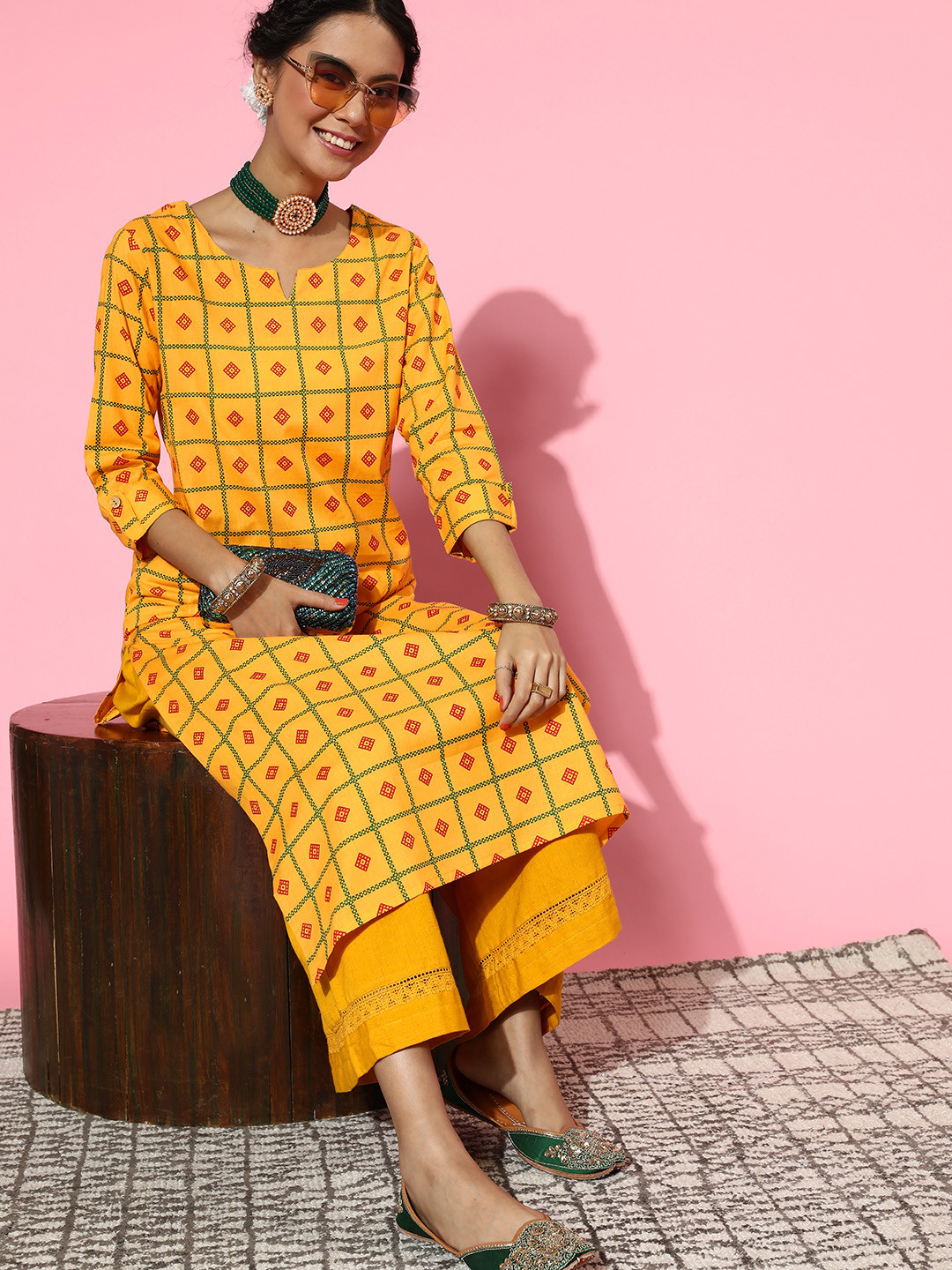 Blissta Women Mustard Cotton Print Parade Kurta