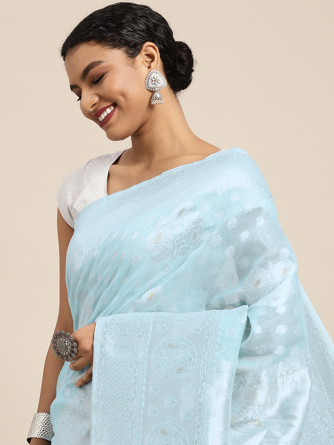 Leeza Store Blue & Silver-Toned Woven Design Organza Banarasi Saree