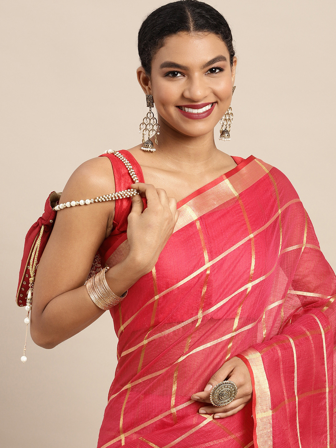 Leeza Store Pink Woven Design Kota Saree