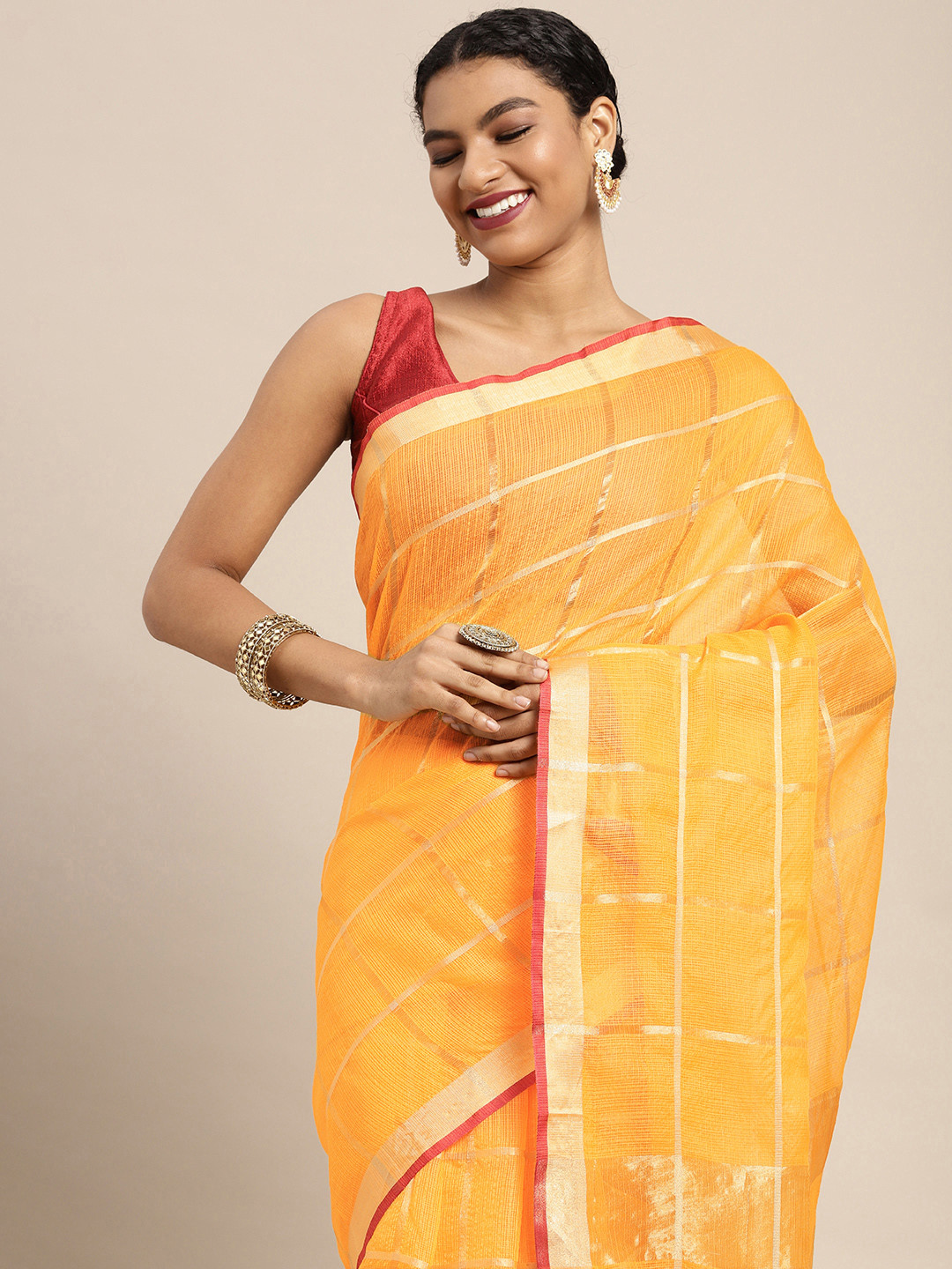 Leeza Store Mustard Yellow & Gold-Toned Woven Design Kota Saree
