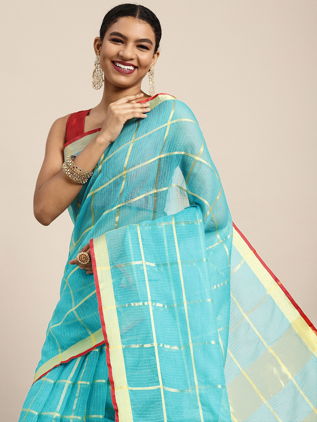 Leeza Store Blue & Gold-Toned Woven Design Kota Saree