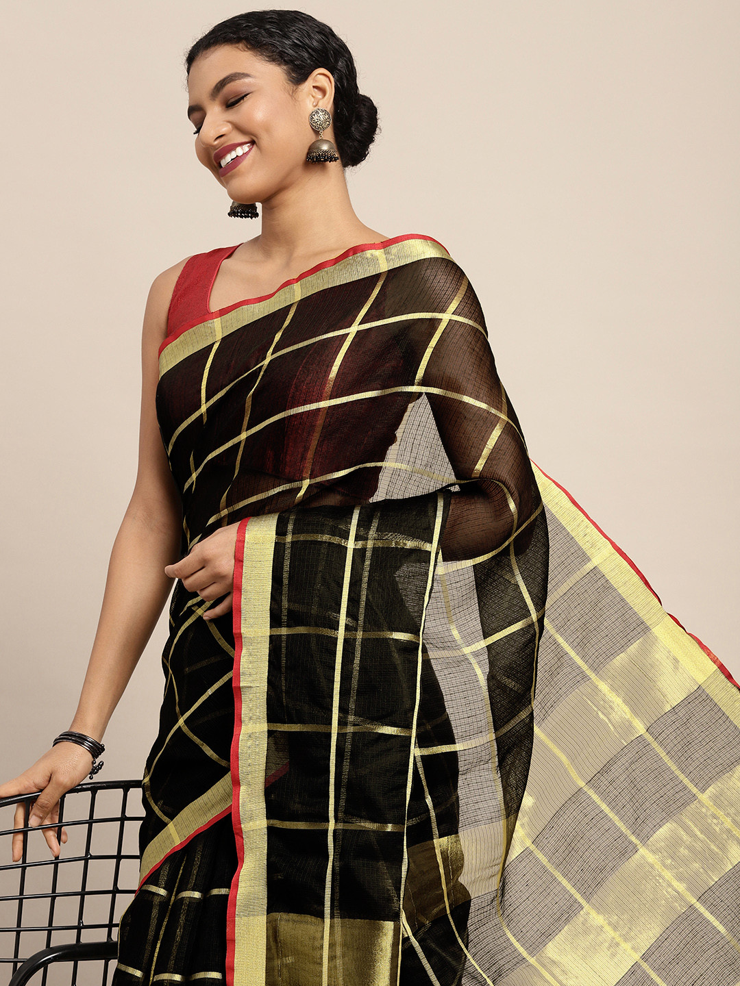 Leeza Store Black & Gold-Toned Woven Design Zari Kota Saree
