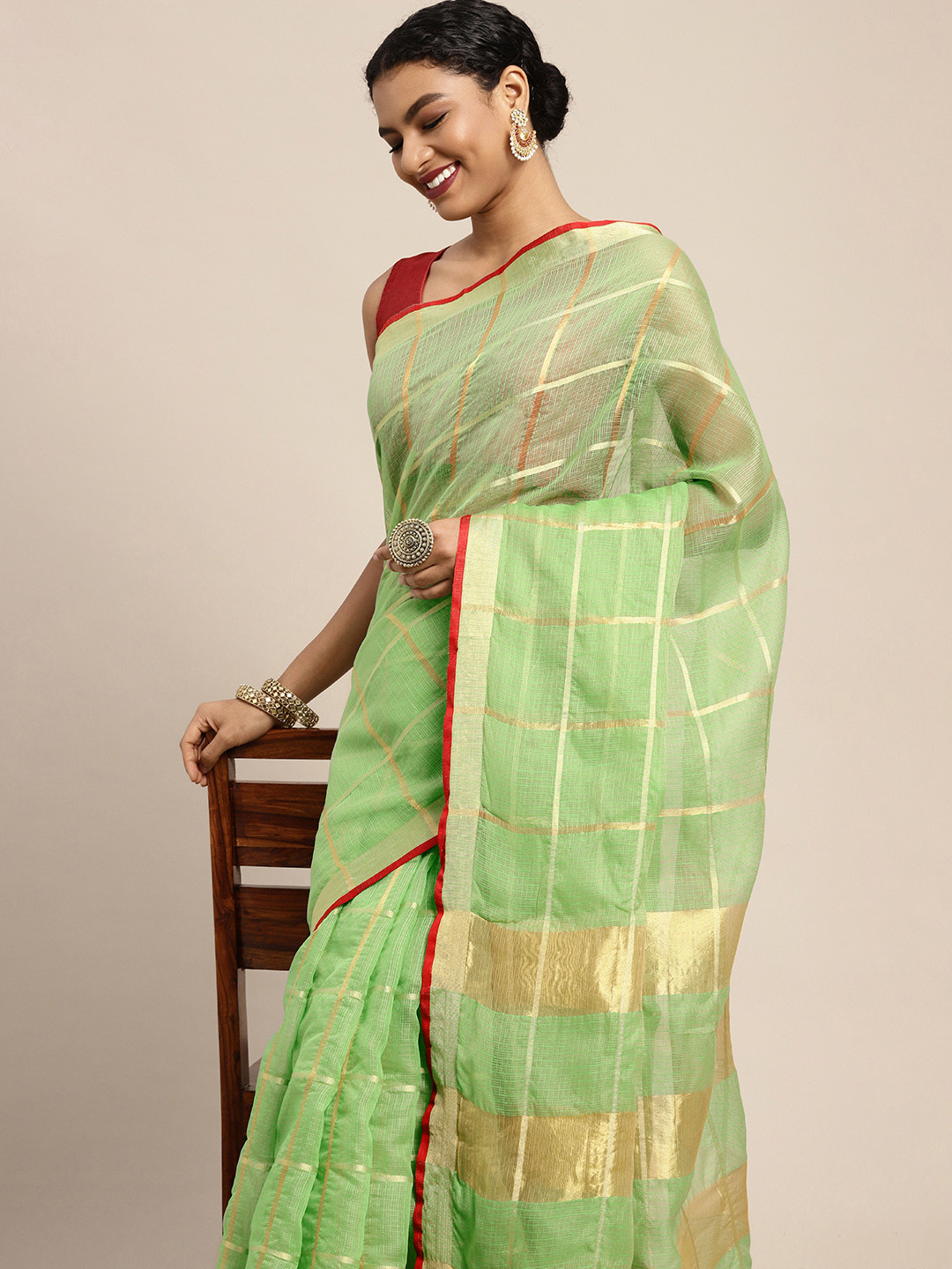 Leeza Store Green & Gold-Toned Woven Design Kota Saree