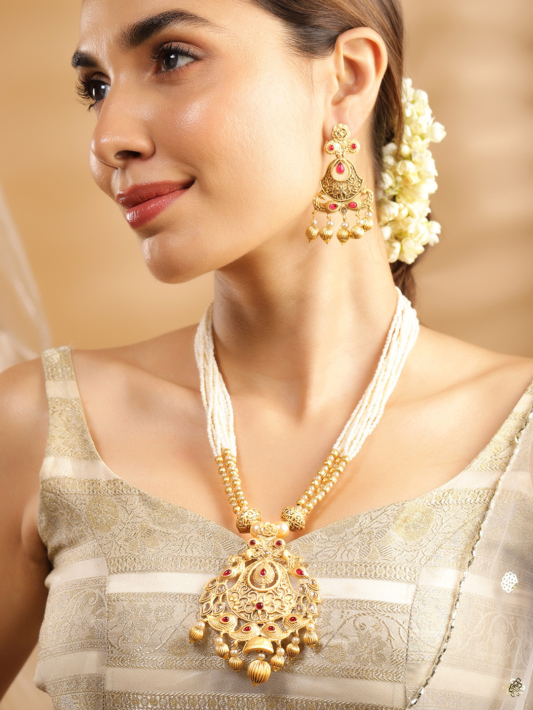 Rubans 24K Gold Plated Ruby Studded Golden & Pearl Beaded MultiStrand Temple Jewellery Set