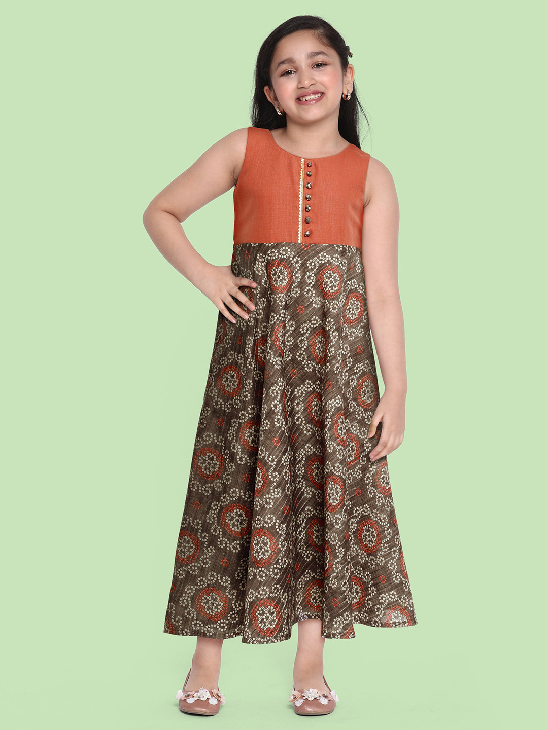 Ethnovog Rust Orange  Taupe Ethnic Design Maxi Dress