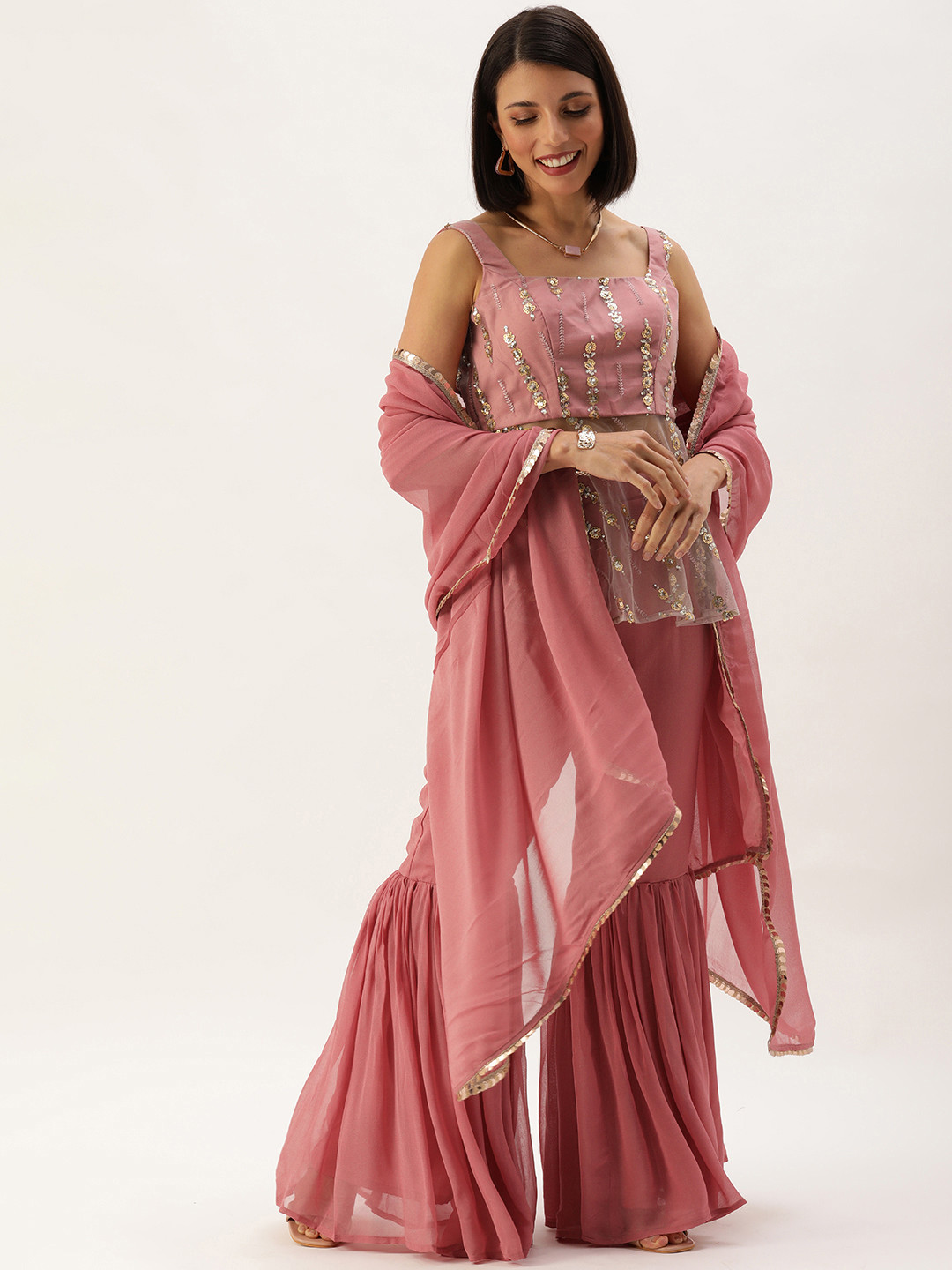 Ethnovog Women Mauve Made To Measure Floral Printed Kurti with Sharara  Dupatta