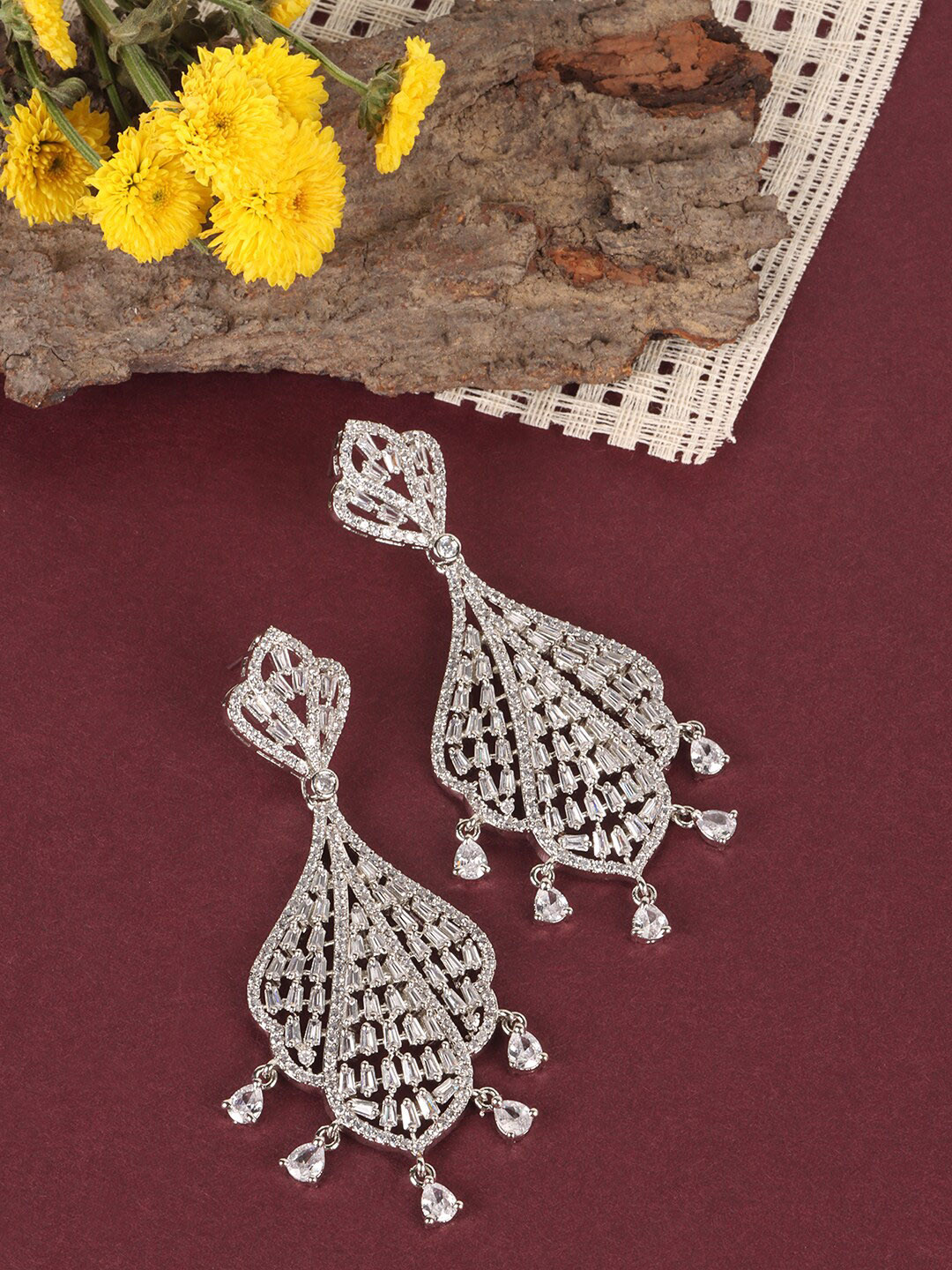 JEWELS GEHNA Silver and White Contemporary Drop Earrings