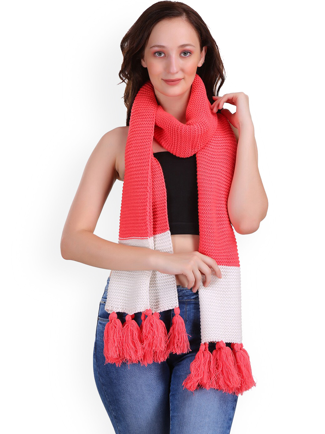 JoE Hazel Women Coral & White Colour Blocked Muffler