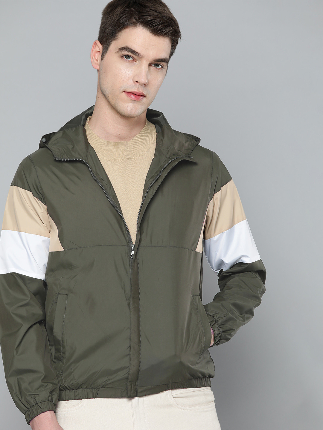 ether Men Olive Green & White Tailored Jacket with Striped Detail