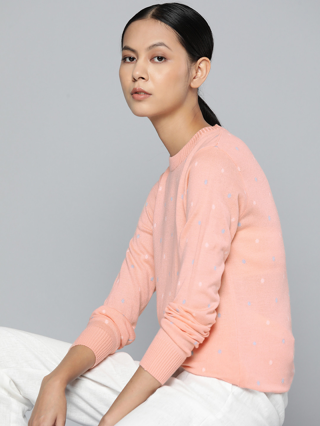 ether Women Peach-Coloured Acrylic Self-Design Geometric Pattern Pullover