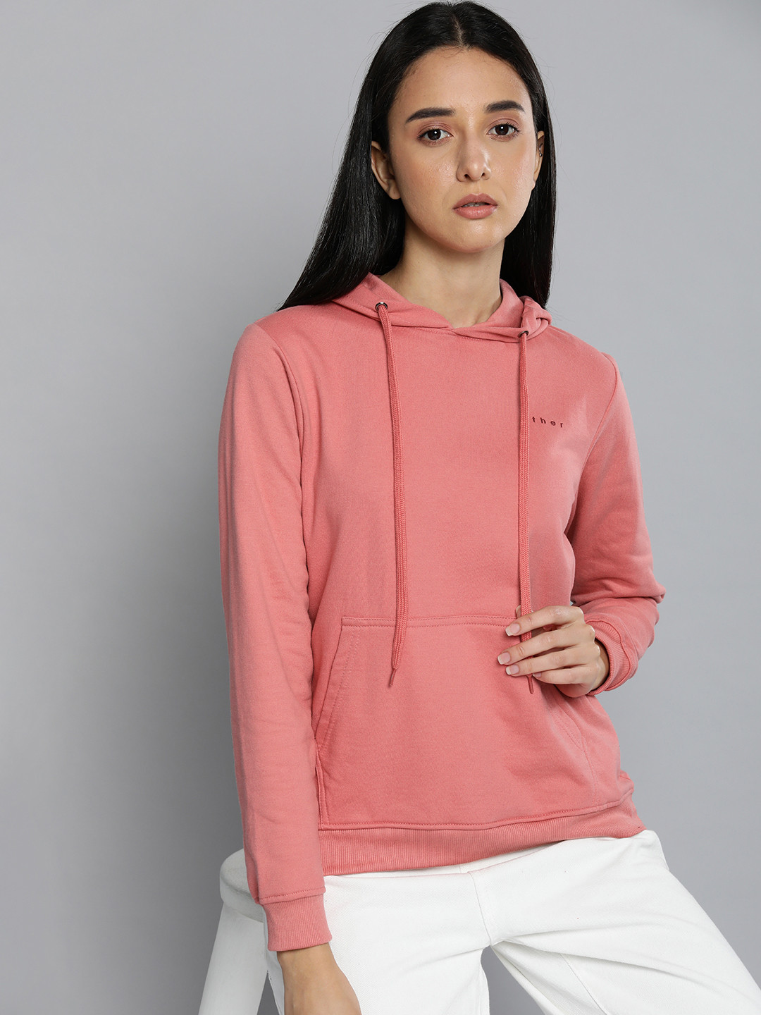 ether Women Peach-Coloured Hooded Pullover Sweatshirt
