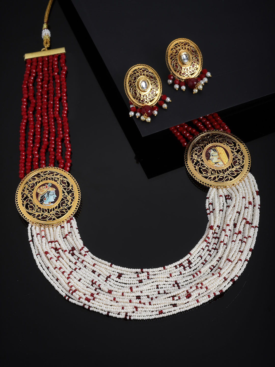 PANASH Women Gold-Plated White & Maroon Beaded Jewellery Set