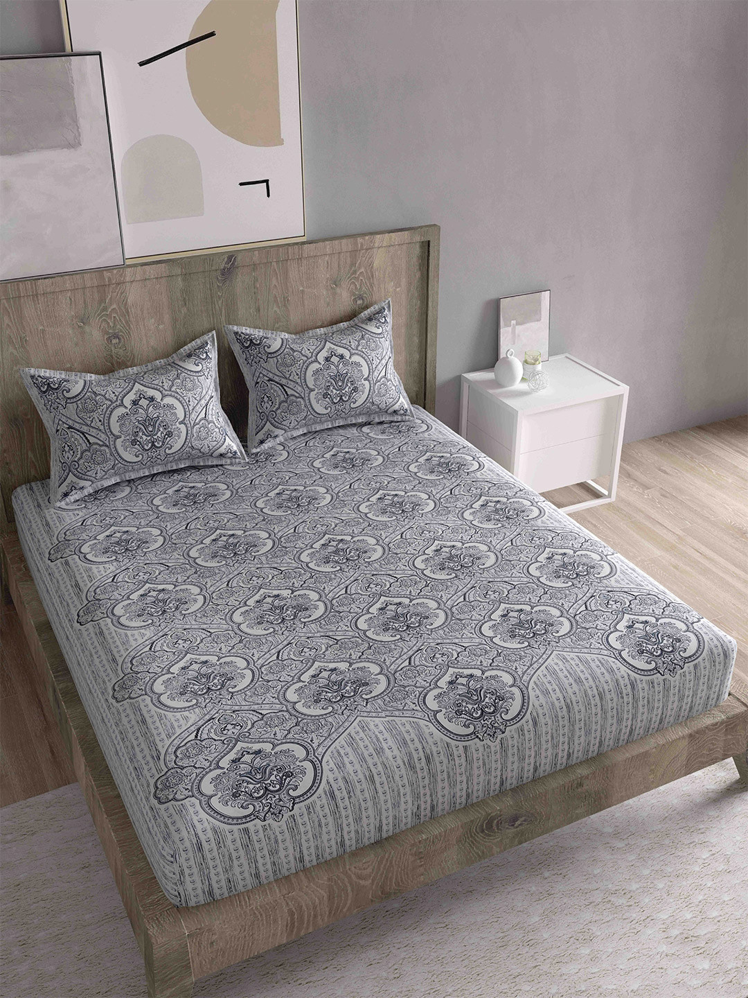 Spangle Black Ethnic Motifs Cotton 260 TC King Fine Bedsheet with 2 Pillow Covers-274 x 274 cm