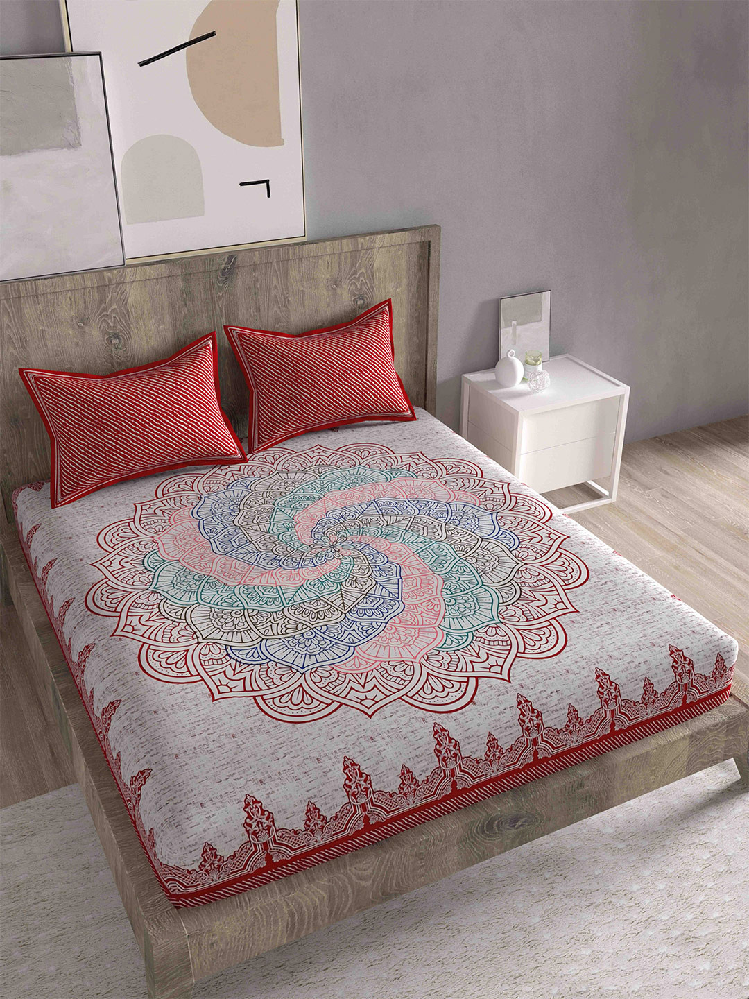 Spangle Red Ethnic Motifs Cotton 280 TC King Fine Bedsheet with 2 Pillow Covers-274 x 274 cm