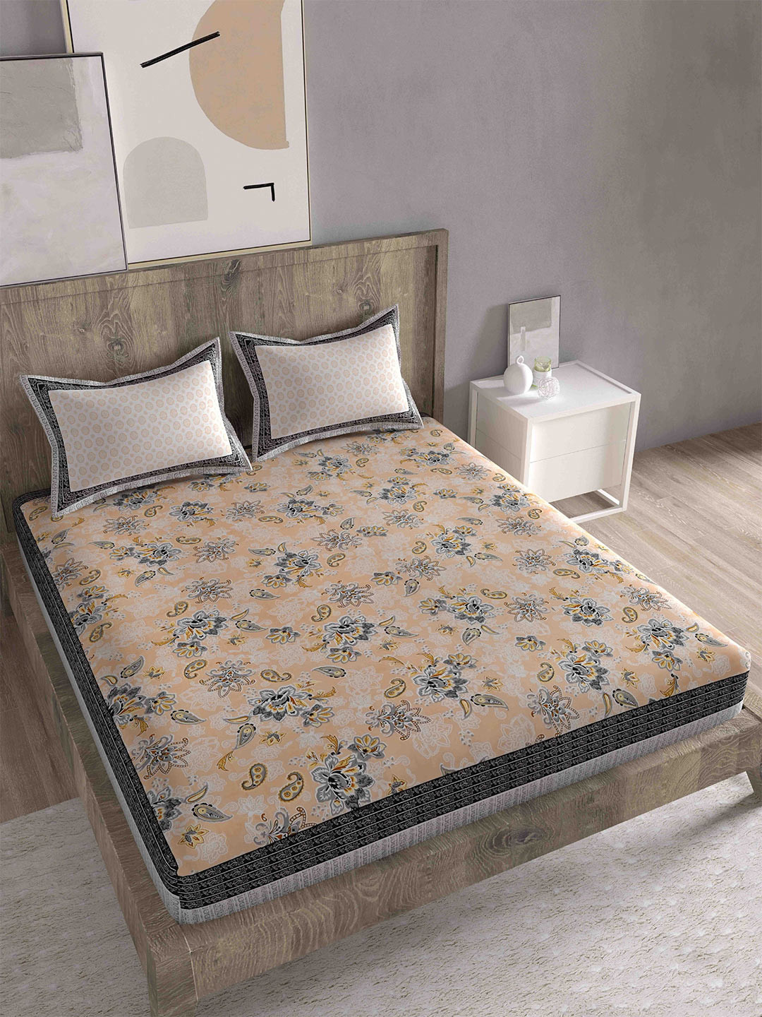 Spangle Premium Peach Ethnic Motifs Cotton 260 TC Fitted King Fine Bedsheet with 2 Pillow Covers-108 x 108 inches