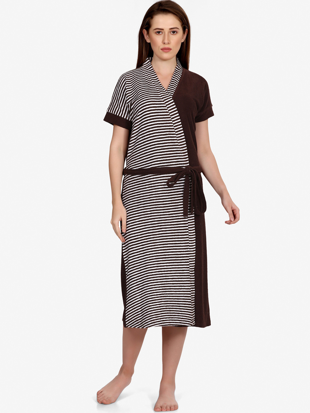 Sand Dune Brown Striped Cotton Drawstring Knee Length Bath Robe-M