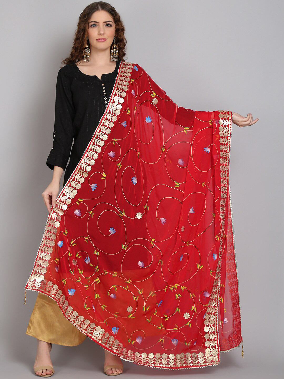 SOUNDARYA Women Red & Gold-Toned Printed Hand Block Print Dupatta