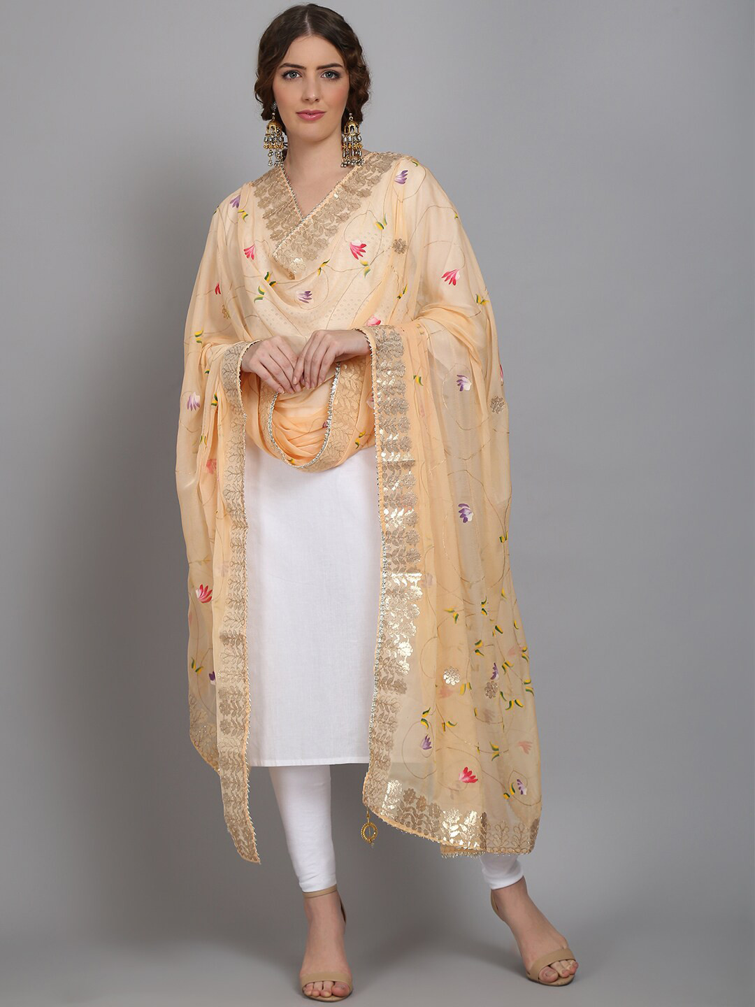 SOUNDARYA Beige & Gold-Toned Block Printed Dupatta With Gotta Patti