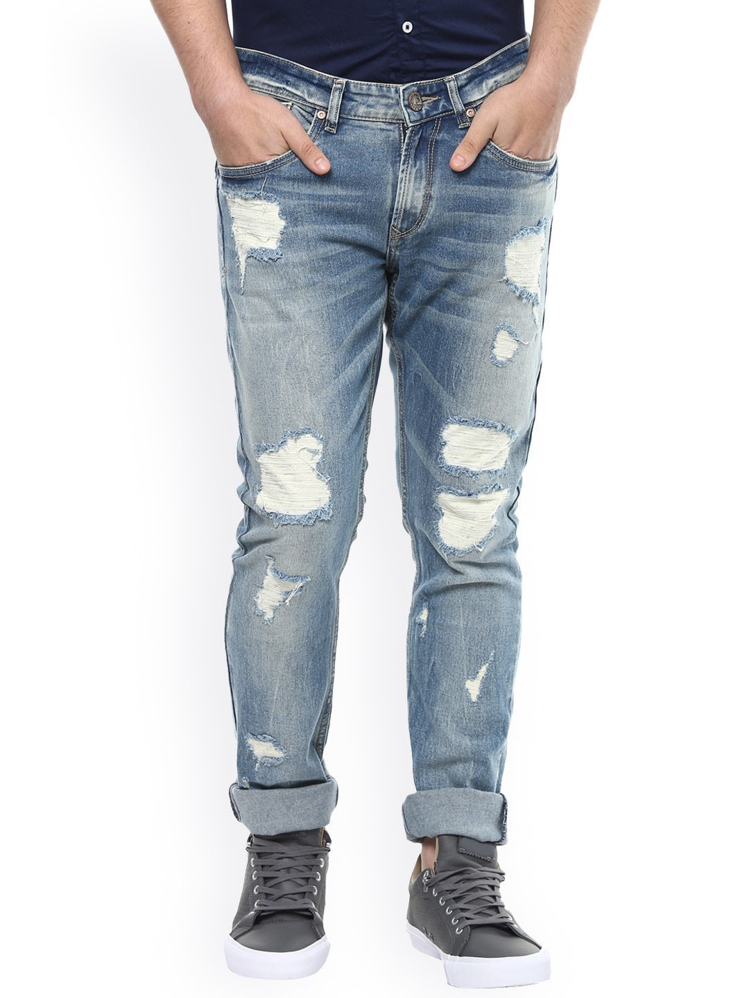 Buy SPYKAR Men Blue Skinny Fit Low Rise Highly Distressed Jeans