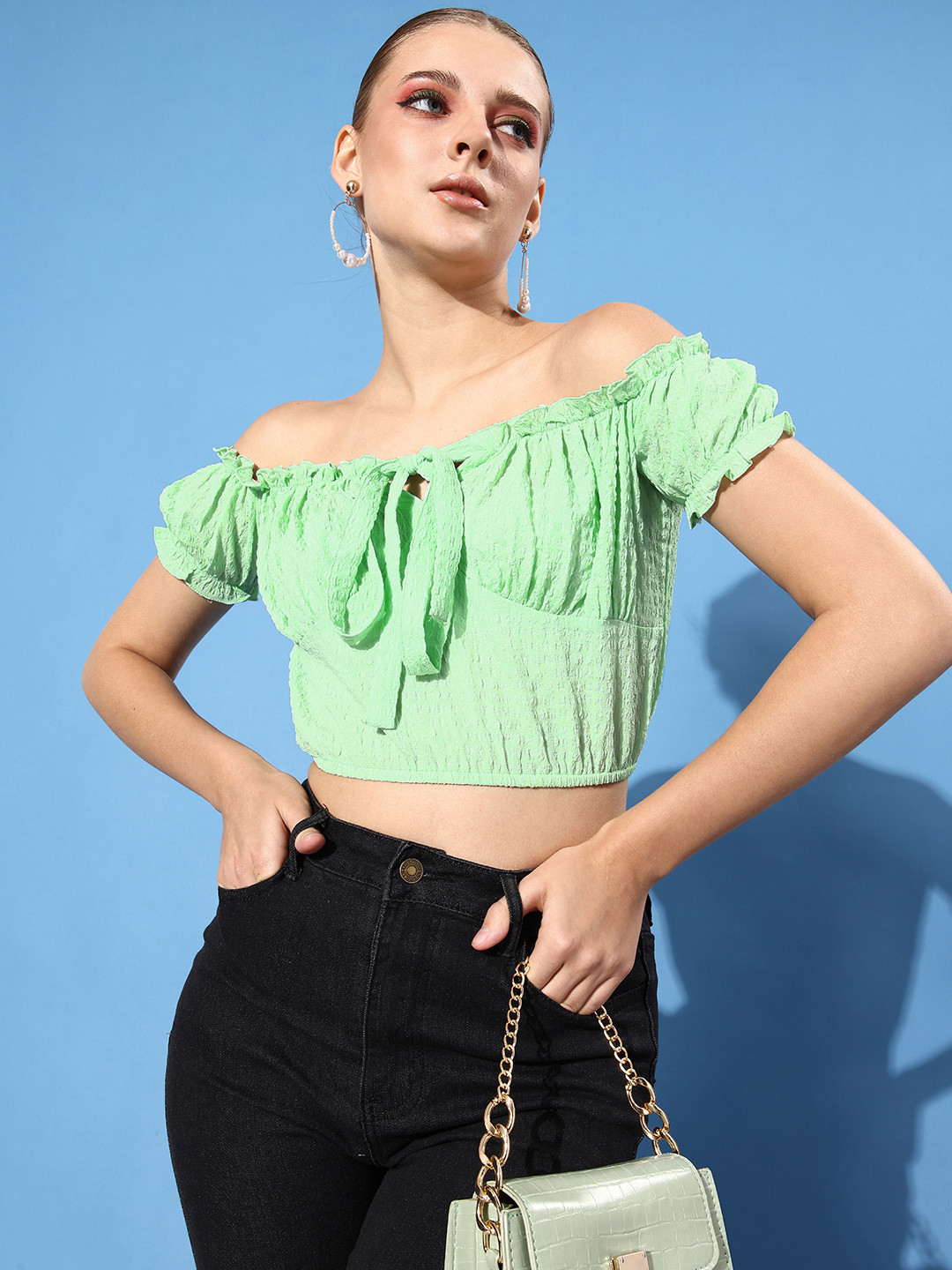 Athena Classic Green Self Design Twist & Knot Top