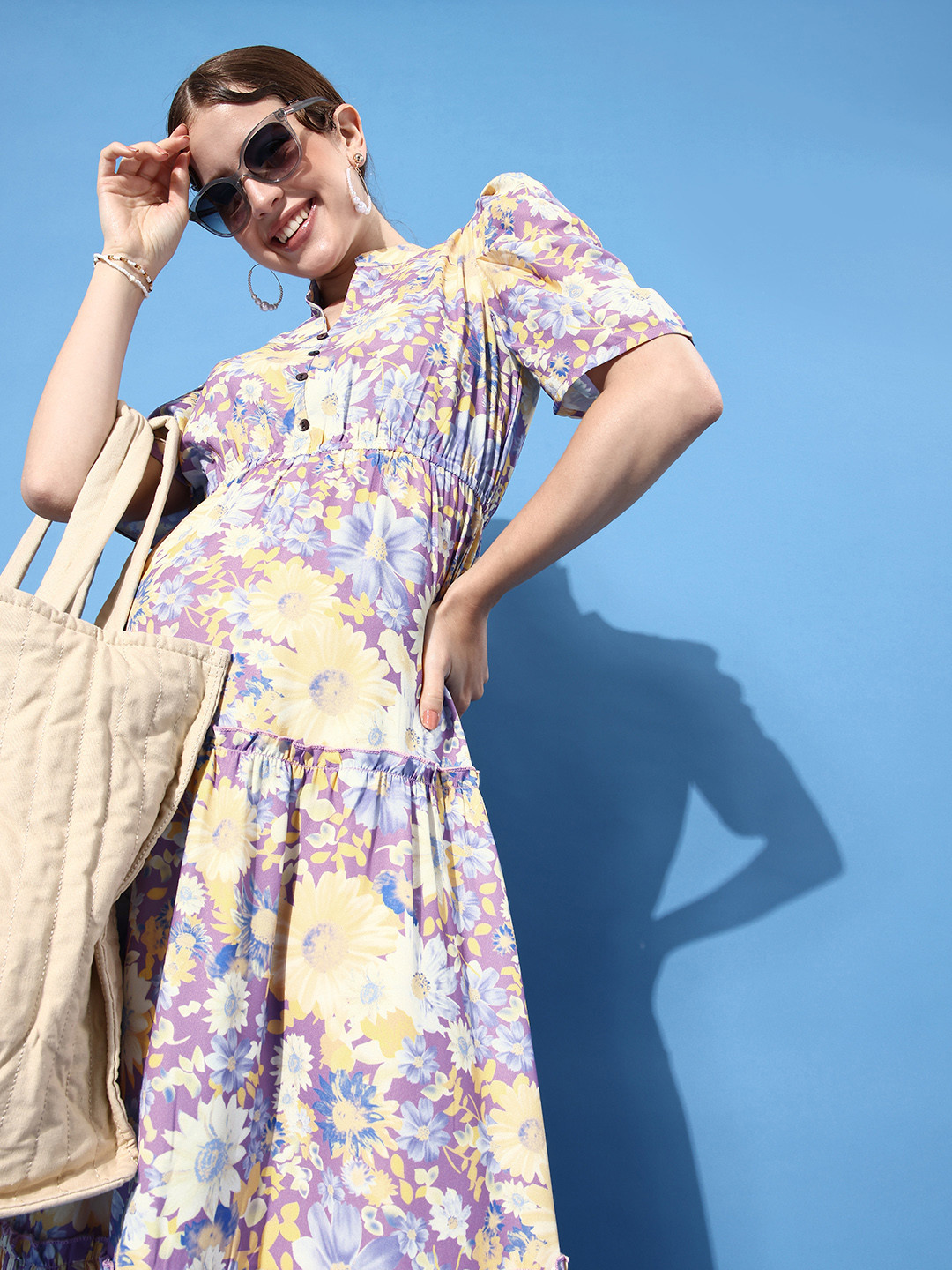 Athena Women Lavender & Yellow Floral Printed Maxi Dress