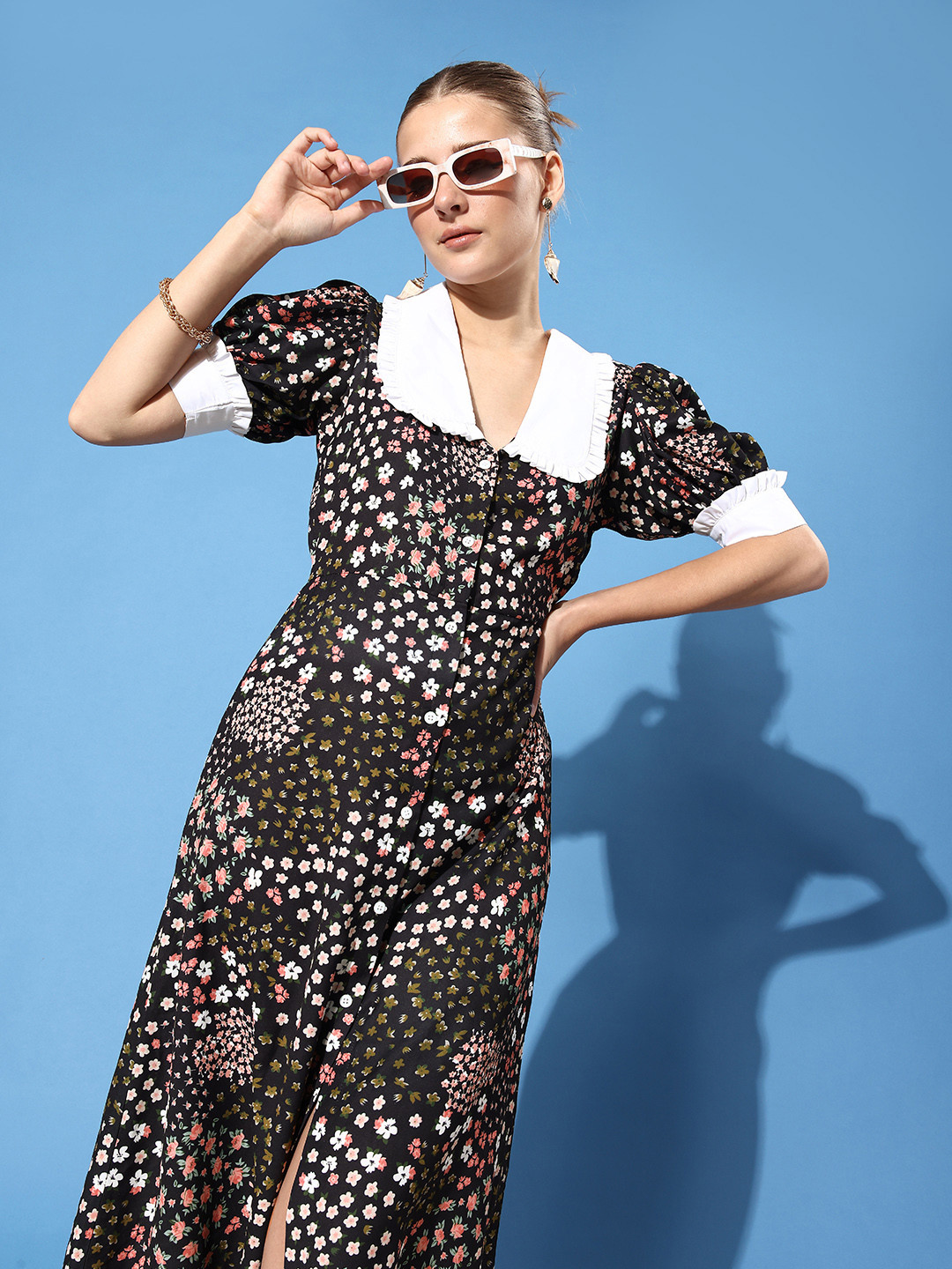 Athena Women Classic Black Floral Zoom Friendly Collar Dress