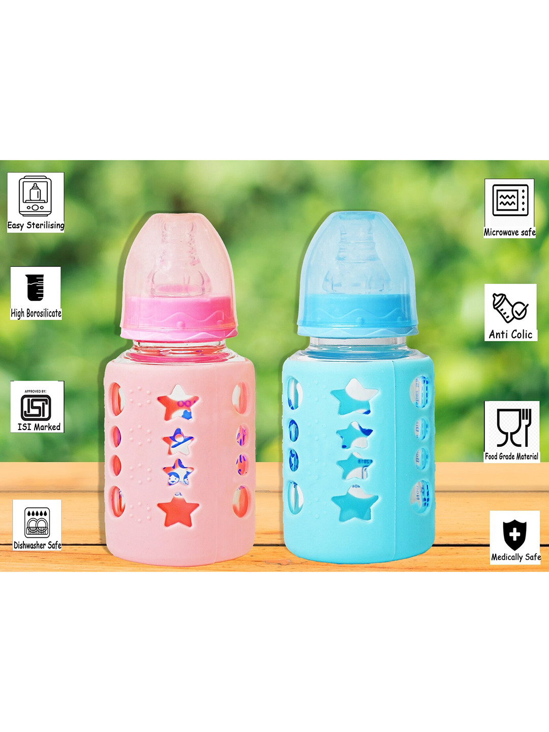 The Little Lookers Set Of 2 Pink & Blue Borosilicate Glass Feeding Bottles