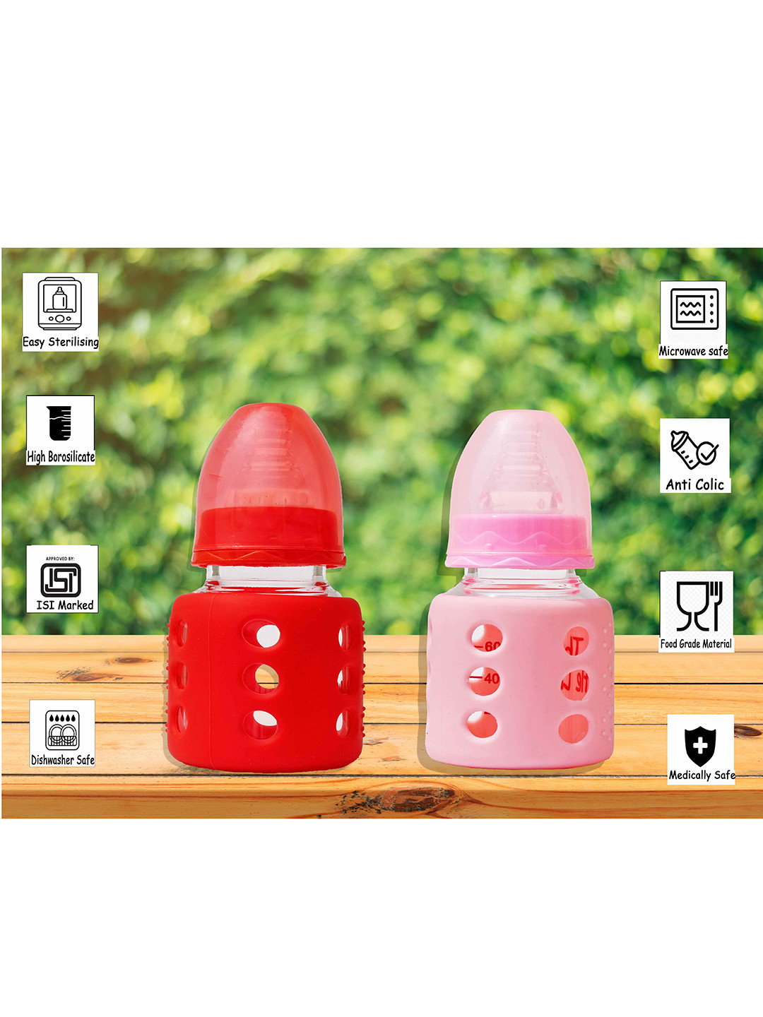 The Little Lookers Set of 2 Pink & Red Glass Feeding Bottles